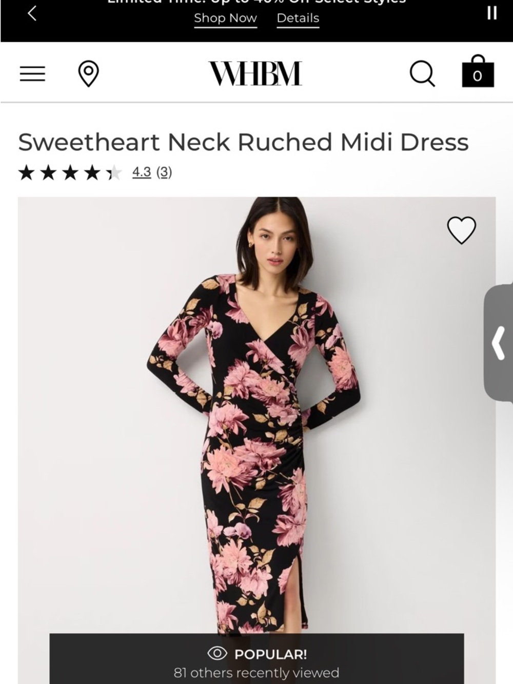 White House Black Market Black Floral Sweetheart Neck Ruched Midi Dress